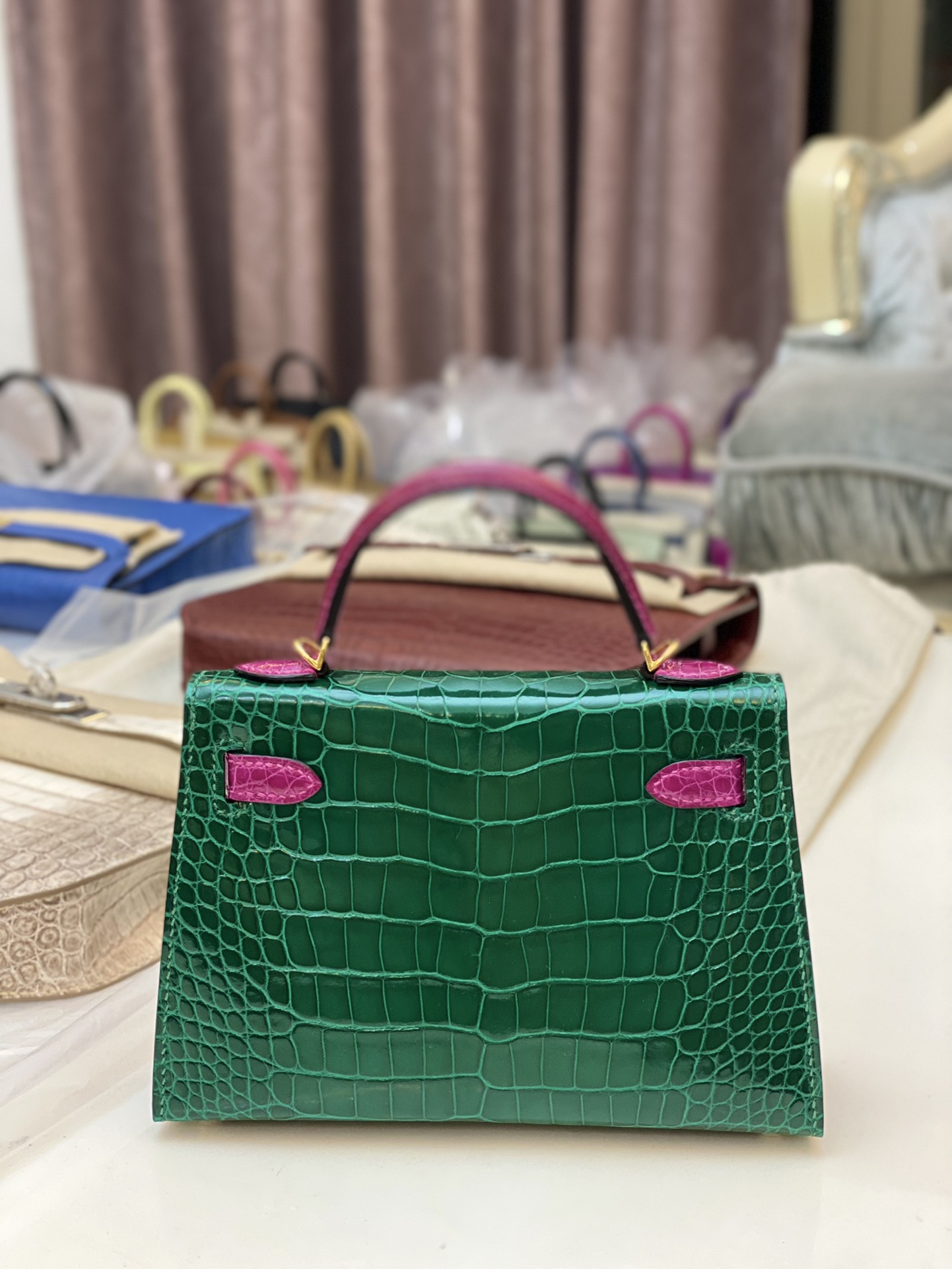 Hermes Kelly Mini II Bag 19CM In Green Purple Shiny Alligator Leather